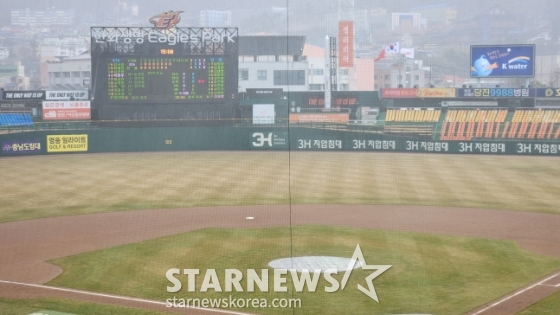 12일 대전 한화생명이글스파크에서 열린 한화 이글스와 KIA 타이거즈의 2024 신한 SOL 뱅크 KBO 시범경기에서 8회초 2사 이후 내린 강한 비로 강우콜드로 마무리됐다./사진=안호근 기자