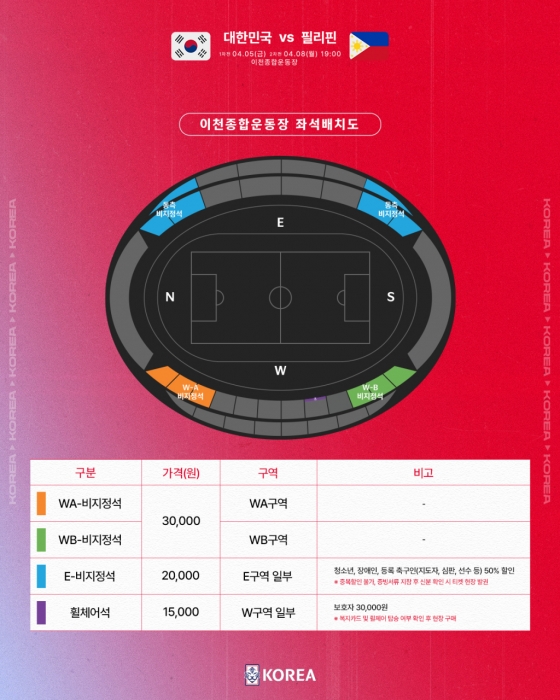 대한민국과 필리핀의 평가전 좌석 배치도 및 티켓 가격. /사진제공=대한축구협회(KFA)