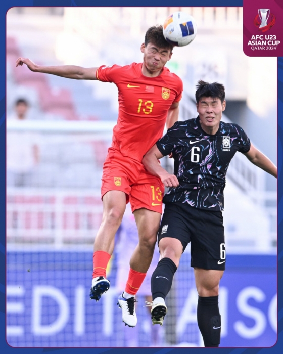 한국 U-23 축구대표팀은 19일(한국시간) 카타르 도하의 압둘라 빈 칼리파 스타디움에서 열린 2024 AFC U-23 아시안컵 조별리그 B조 2차전에서 이영준(오른쪽)의 멀티골로 중국에 2-0으로 승리했다. /사진=2024 AFC U-23 아시안컵 공식 SNS