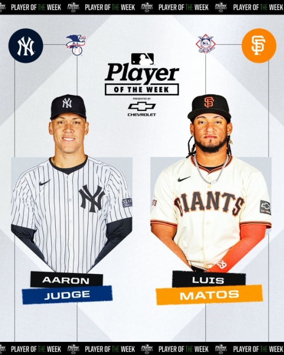 애런 저지(왼쪽)와 루이스 마토스가 각각 21일(한국시간) 2024년 5월 셋째 주 아메리칸리그와 내셔널리그의 이주의 선수상을 수상했다.  /사진=MLB.com 공식 SNS