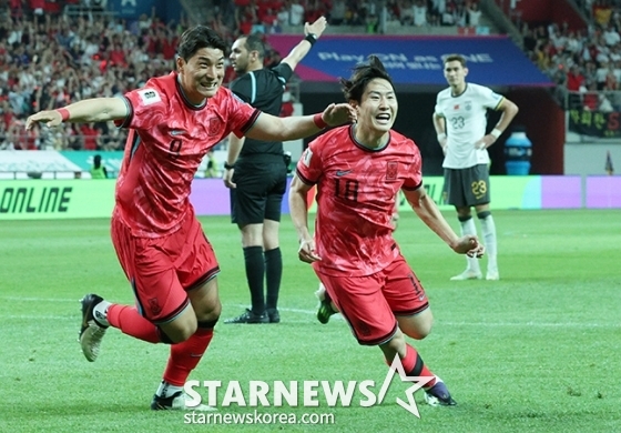 이강인(오른쪽)의 득점에 함께 기뻐하는 주민규. /사진=김진경 대기자