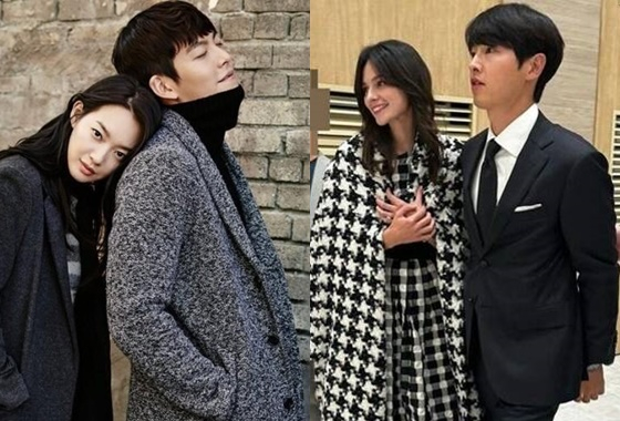 왼쪽부터 신민아·김우빈 커플, 케이티 루이스 사운더스·송중기 부부 /사진=지오다노, 온라인 커뮤니티