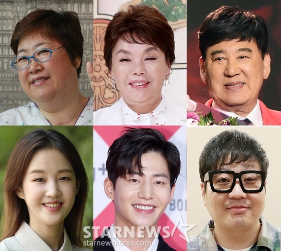 故 가수 방실이(왼쪽 위부터 시계방향), 배우 김수미, 가수 현철, 작곡가 신사동호랭이, 배우 송재림, 가수 박보람 /사진=스타뉴스