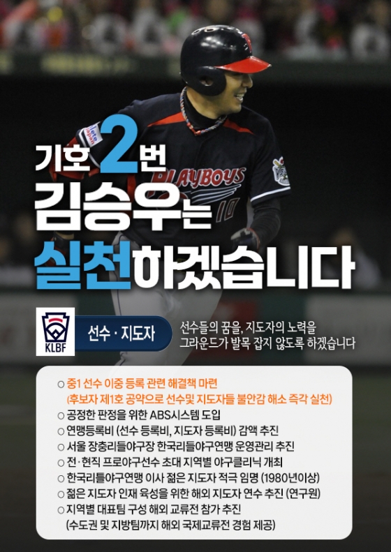 배우 김승우의 한국리틀야구연맹 회장 선거 출마 포스터. /사진=한국리틀야구연맹 제공