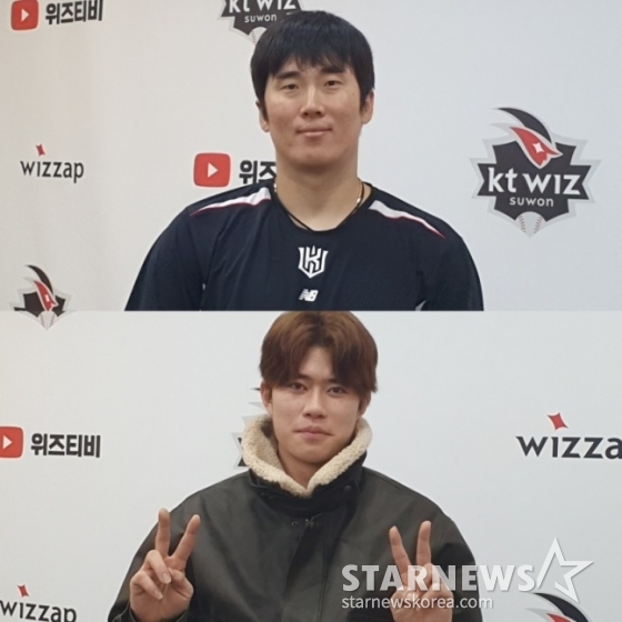 KT 허경민(위쪽)과 원상현이 6일 수원KT위즈파크에서 인터뷰 후 포즈를 취하고 있다. /사진=김동윤 기자