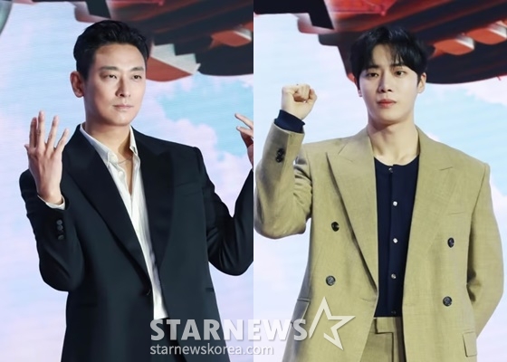 왼쪽부터 주지훈, 추영우 /사진=주지훈, 추영우가 21일 오전 서울 강남구 그랜드 인터컨티넨탈 파르나스 호텔에서 진행된 넷플릭스 오리지널 시리즈 &#039;중증외상센터&#039; 제작발표회에 참석해 포즈를 취하고 있다. 