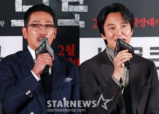 (왼쪽부터) 배우 하정우, 김남길이 23일 오후 서울 CGV용산아이파크몰에서 진행된 영화 &#039;브로큰&#039;(감독 김진황) 언론배급시사회 및 기자간담회에 참석해 질문에 답하고 있다. /2025.01.23 /사진=이동훈 photoguy@