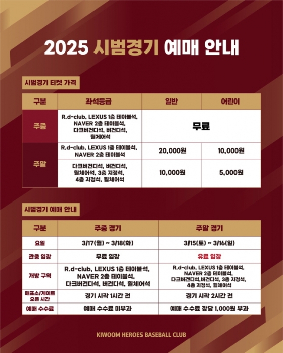 키움 히어로즈 2025 시범경기 좌석별 티켓 가격표. /사진=키움 히어로즈 제공