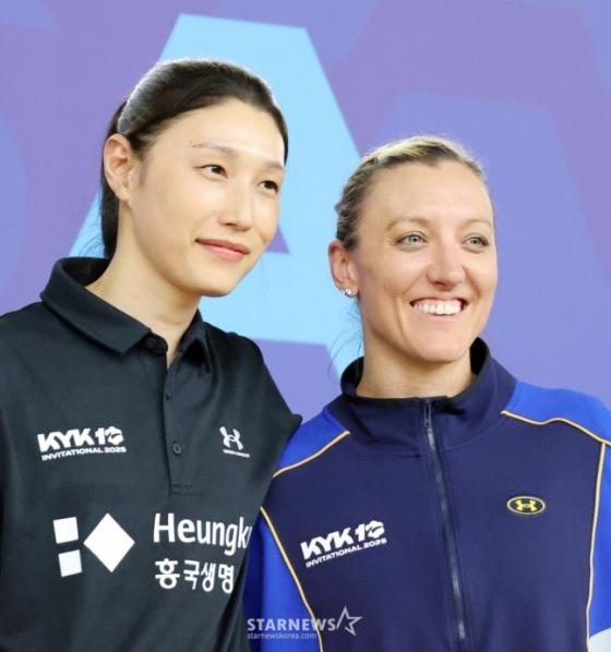 김연경(왼쪽)과 조던 라슨. /사진=강영조 선임기자