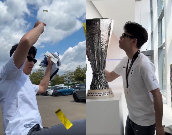 /사진=UEL 우승 메달을 걸고 토트넘 훈련장에 나타난 손흥민의 모습. /사진=토트넘 공식 SNS 영상 갈무리