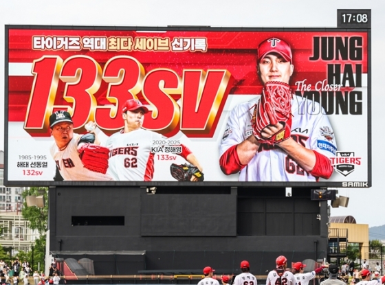 지난 17일 정해영이 타이거즈 역대 최다 세이브 신기록을 작성하자 홈 구장 전광판에 이를 기념하는 모습. /사진=KIA 타이거즈