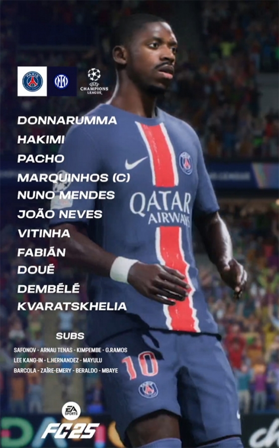 파리 생제르맹(PSG)의 1일(한국시간) 독일 뮌헨의 알리안츠 아레나에서 열리고 있는 2024~2025 유럽축구연맹(UEFA) 챔피언스리그 결승전 인터밀란전 선발 라인업. /사진=PSG SNS 캡처
