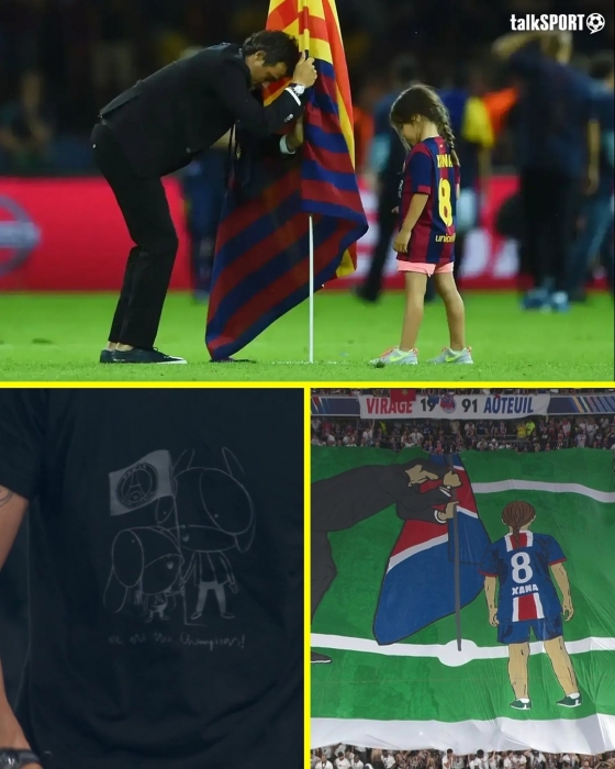 지난 2015년 바르셀로나의 유럽축구연맹(UEFA) 챔피언스리그(UCL) 우승 직후 딸 사나와 함께 경기장에 카탈루냐기를 꼽고 있는 루이스 엔리케 감독과 딸 사나(사진 위). 아래 왼쪽 사진은 1일 파리 생제르맹(PSG)의 UCL 우승 직후 엔리케 감독이 딸을 추모하기 위해 입은 티셔츠, 오른쪽은 PSG 서포터스가 엔리케 감독과 사나의 모습을 그림으로 표현한 대형 통천. /사진=토크스포츠 SNS 캡처
