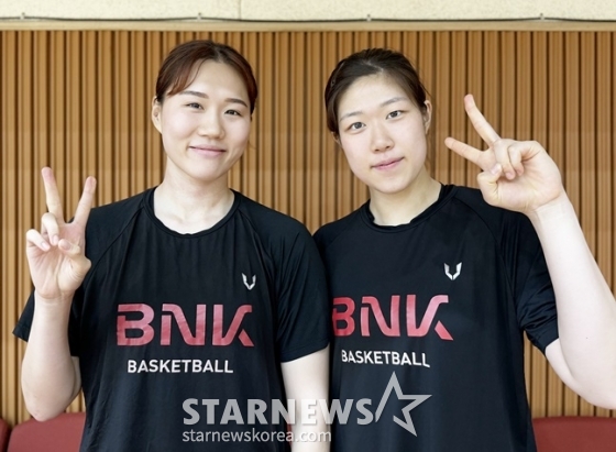 BNK 박성진(왼쪽)과 김도연이 스타뉴스와 인터뷰 후 포즈를 취하고 있다. /사진=양정웅 기자 