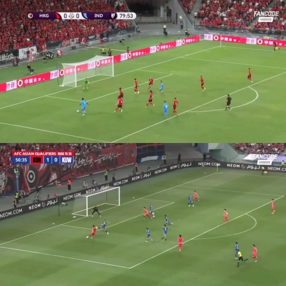지난 10일 인도와 홍콩의 2027 아시아축구연맹(AFC) 아시안컵 3차 예선 C조 2차전 경기 중 나온 인도 리스톤 콜라코의 슈팅 장면(위)과 2026 국제축구연맹(FIFA) 북중미 월드컵 아시아 3차 예선 C조 최종전 쿠웨이트전에서 나온 이강인의 슈팅 장면(아래). /사진=IFTWC SNS 캡처