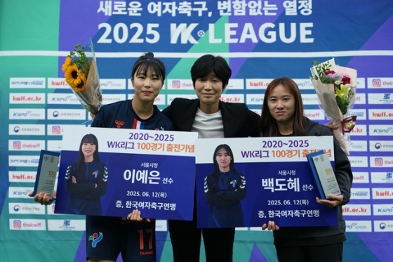 서울시청 이예은(왼쪽)과 백도혜(오른쪽)가 100경기 출전 기념 행사를 하고 있다. /사진=한국여자축구연맹 