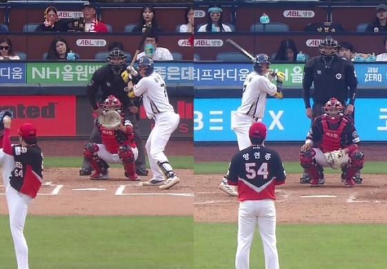 NC 김주원이 14일 창원 KIA전에서 1회 첫 타석(왼쪽)에서는 우타석에, 5회 3번째 타석에서는 좌타석에 등장했다. /사진=중계화면 갈무리 