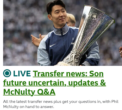 손흥민 이적설을 보도한 영국 유력지. /사진=영국 BBC 갈무리