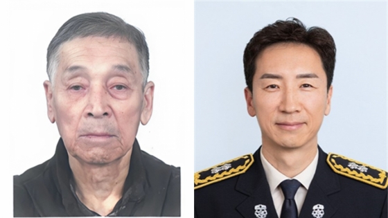 종로소방서 119안전센터장 이호근(오른쪽) 소방경과 그의 부친인 6·25 전쟁 참전유공자 이필원 씨. /사진=두산 베어스 제공 