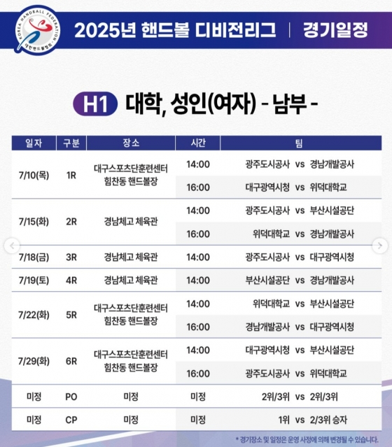 디비전리그(남부) 경기 일정. /그래픽=대한핸드볼협회 제공