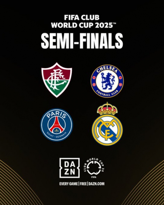 2025 국제축구연맹(FIFA) 클럽 월드컵 준결승(4강) 진출팀 엠블럼. 왼쪽 위부터 시계방향으로 플루미넨시, 첼시, 레알 마드리드, 파리생제르맹. /사진=FIFA 클럽 월드컵 공식 SNS 캡처