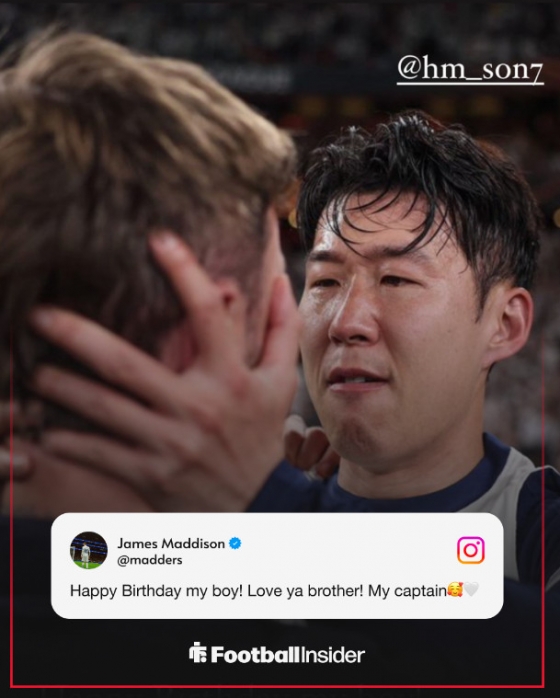 제임스 매디슨이 지난 8일(한국시간) 자신의 소셜미디어(SNS)에 &quot;손흥민 생일 축하해 형제여, 사랑한다 나의 캡틴&quot;이라는 글을 남겼다./사진=풋볼 인사이더 갈무리
