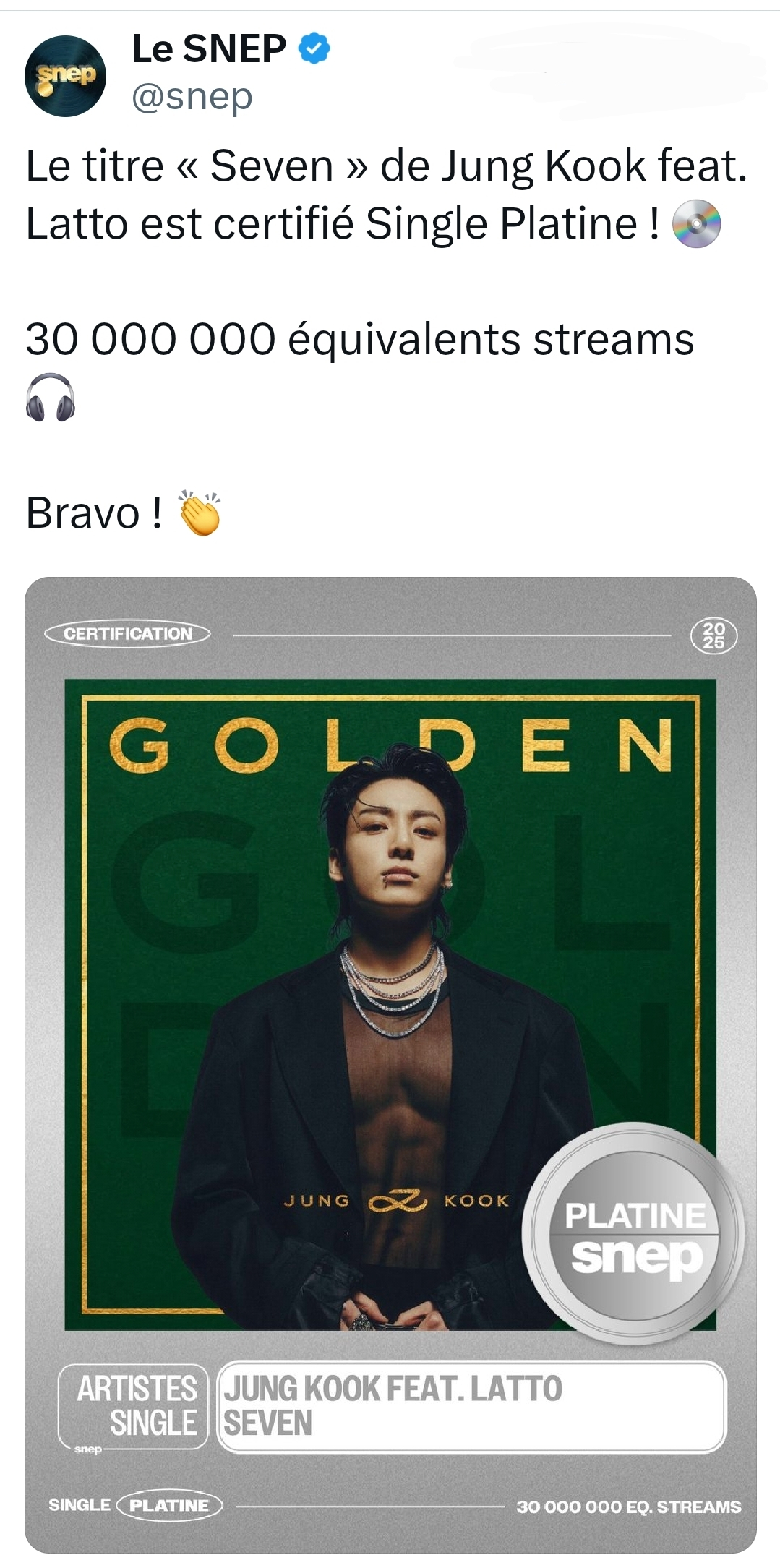 방탄소년단 정국 'Seven', 프랑스음반협회 스트리밍 부문 '플래티넘