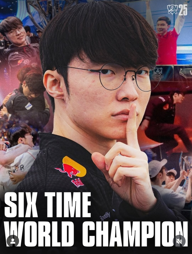 '통산 6회 우승' 페이커 '끝끝내' e-스포츠 새 역사 썼다! T1, KT 꺾고 롤드컵 '스리핏'