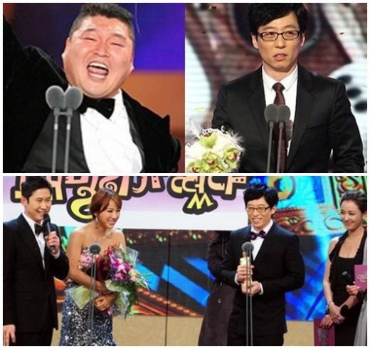 왼쪽부터 시계방향으로 KBS 연예대상에서 대상을 거머쥔 강호동, MBC 연예대상에서 대상을 받은 유재석, SBS 연예대상에서 공동 개사을 수상한 이효리와 유재석