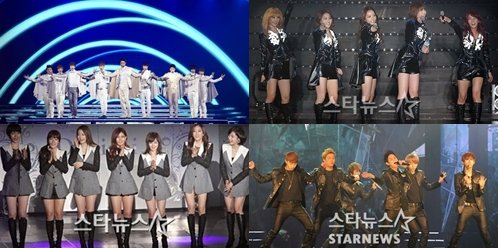 슈퍼주니어(왼쪽위부터 시계방향), 카라, 비스트, 티아라