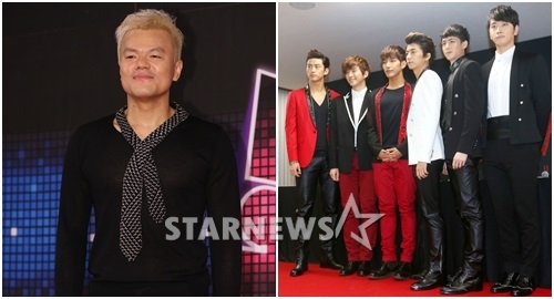 박진영(왼)과 2PM(택연 준호 준케이 우영 닉쿤 찬성) / 사진= 스타뉴스