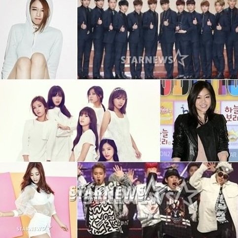 지연(왼쪽위부터 시계방향)과 엑소, 박정현, 블락비, 지나, 에이핑크