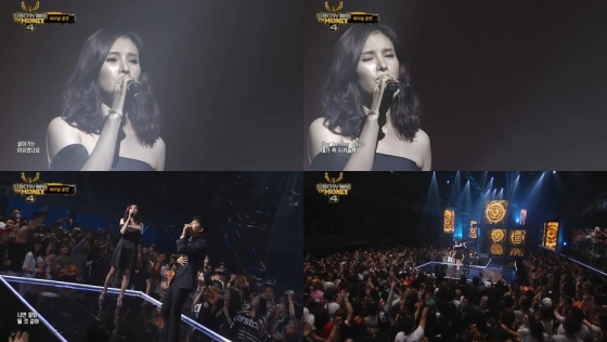 /사진=가수 거미가 지난 28일 방송된 엠넷 '쇼미더머니4' 파이널에서 베이식과 합동 공연을 선보이고 있다.