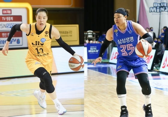KB스타즈 박지수(왼쪽)와 삼성생명 김한별. /사진=WKBL 제공