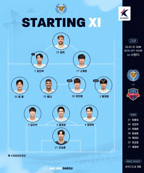 수원FC전 대구FC 선발 라인업. /사진=대구FC