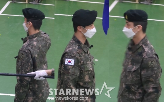방탄소년단(BTS) 진이 1월 18일 육군 제5보병사단 신병교육대에서 열린 수료식에서 이등병 대표 지휘자로 활약하고 있는 모습 /사진=스타뉴스 독자제공