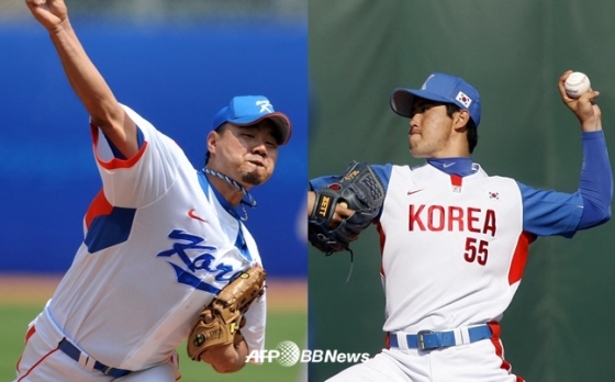 국가대표팀 유니폼을 입고 던지는 송승준과 장원삼(왼쪽부터). /AFPBBNews=뉴스1