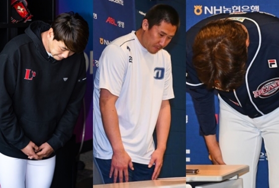 왼쪽부터 SSG 김광현, NC 이용찬, 두산 정철원이 1일 경기를 앞두고 WBC 음주 파문에 고개를 숙였다. /사진=OSEN