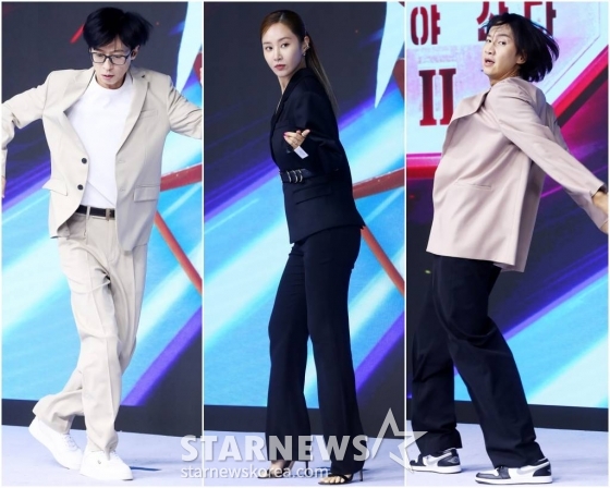 방송인 유재석, 소녀시대 유리, 배우 이광수가 13일 오전 서울 종로구 JW메리어트 동대문스퀘어서울에서 진행된 디즈니+의 오리지널 예능 '더 존: 버텨야 산다 시즌 2' 제작발표회에 참석해 댄스를 선보이고 있다. 2023.06.13 /사진=김창현 기자 chmt@