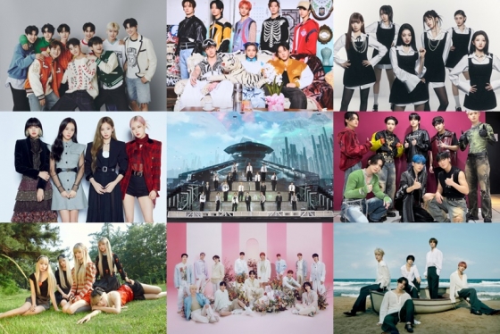 제로베이스원(왼쪽위부터 시계방향), 스트레이 키즈, 아이브, 에이티즈, 투모로우바이투게더, 세븐틴, 뉴진스, 블랙핑크, NCT /사진=KQ엔터테인먼트, 웨이크원엔터테인먼트, 스타쉽엔터테인먼트, JYP엔터테인먼트, 빅히트 뮤직, 플레디스엔터테인먼트, 어도어, YG엔터테인먼트, SM엔터테인먼트