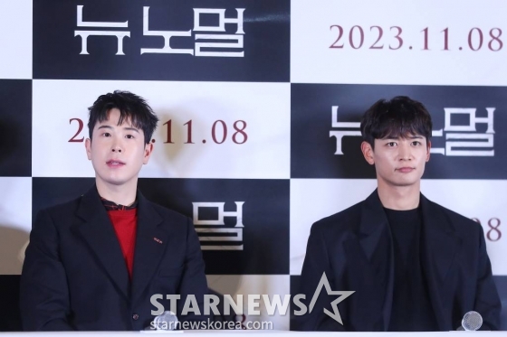 배우 표지훈, 최민호가 27일 오후 서울 용산구 아이파크몰 CGV에서 진행된 영화 '뉴 노멀' 언론시사회 및 기자간담회에 참석해 포즈를 취하고 있다.  '뉴 노멀'은 공포가 일상이 되어 버린 새로운 시대에 도착한 웰메이드 말세 스릴러다. 2023.10.27 /사진=김창현