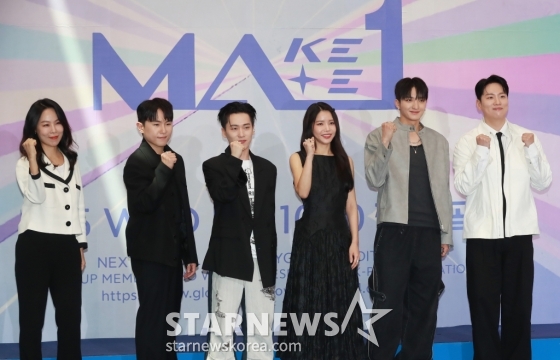 김성은, 임한별, 인규, 솔라, 바타, 한해가 8일 오전 서울 여의도 KBS에서 진행된 2TV 예능 '메이크메이트원'(MA1) 제작발표회에 참석해 포즈를 취하고 있다. '꿈꾸던 무대를 만들기 위해(MAKE) 친구(MATE)와 하나(ONE) 되는 시간'이라는 의미를 담은 글로벌 아이돌 데뷔 프로젝트 프로그램 '메이크메이트원'은 오는 15일 첫 방송된다. /2024.05.08 /사진=이동훈