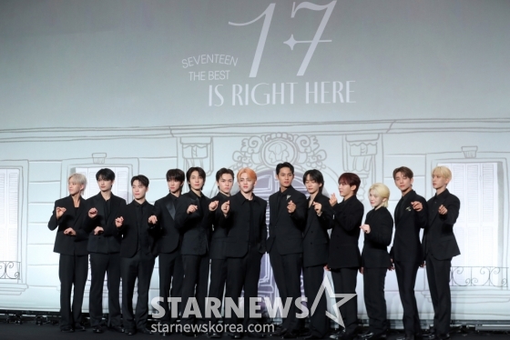 그룹 세븐틴(Seventeen)호시, 준, 디노, 디에잇, 원우, 버논, 에스쿱스, 민규, 정한, 승관, 우지, 조슈아, 도겸이 29일 오후 서울 여의도 콘래드호텔 그랜드 볼룸에서 베스트 앨범 '17 IS RIGHT HERE' 발매 기념 글로벌 기자간담회를 열고 포즈를 취하고 있다. 이번 베스트 앨범 '17 IS RIGHT HERE'은 9년의 발자취를 담는 동시에 지난 시간을 기념하며 우리만의 공간에서 영원히 함께할 것임을 약속하는 앨범으로 총 33개의 트랙으로 한국 앨범 타이틀 20곡과 /사진=임성균