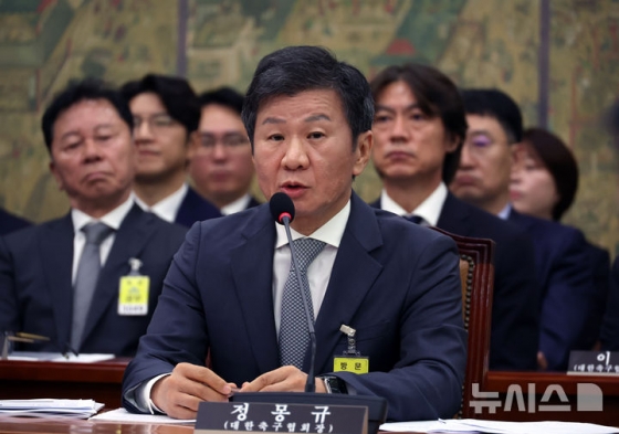 정몽규 대한축구협회장이 24일 서울 여의도 국회에서 열린 문화체육관광위원회의 대한축구협회 등에 대한 현안질의에서 의원 질의에 답하고 있다. /사진=뉴시스