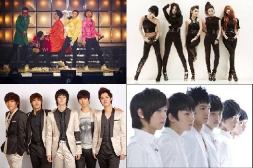 빅뱅, 포미닛, 틴탑, 엠블랙(왼쪽 위부터 시계방향)