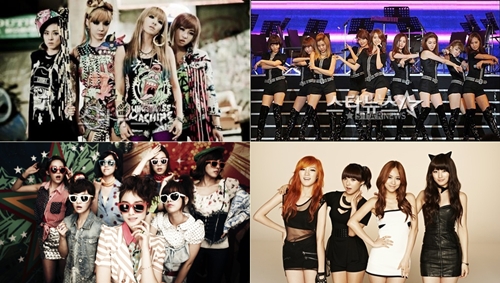 2NE1(왼쪽부터 시계방향), 소녀시대, 티아라, 미쓰에이