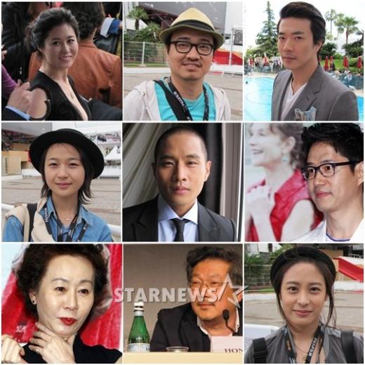 제65회 칸국제영화제를 빛낸 한국스타들. 맨 왼쪽 상단부터 차례로 문소리,연상호 감독,권상우,유준상, 유승준,김꽃비,윤여정,홍상수 감독,박희본.