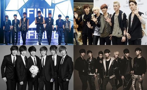 인피니트(왼쪽위부터 시계방향), 뉴이스트, 비투비, 보이프렌드