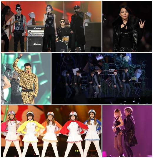 2013 MAMA에 참석한 자우림 이하늘 박재범(사진 좌측 맨 위부터 시계방향), 씨엘, 엑소, 트러블메이커, 크레용팝, 곽부성/사진=CJ E&M 제공