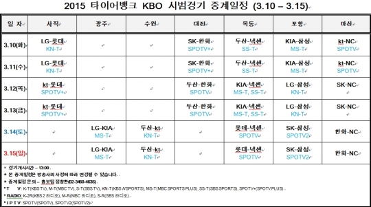 프로야구 시범경기 중계 일정. /사진=KBO 제공